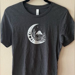 Women’s t-shirt, cute crescent moon & mushroom design.